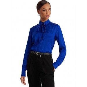Belting-Motif Jacquard Tie-Neck Shirt Sapphire Star