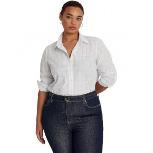 Plus Size Windowpane Cotton Broadcloth Shirt White/Blue