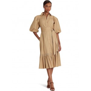 Belted Broadcloth Bubble-Sleeve Shirtdress Birch Tan