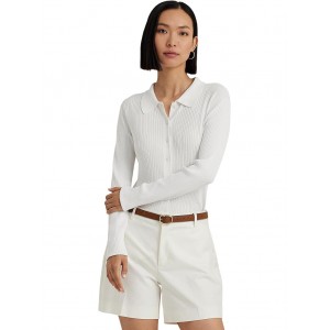 Petite Rib-Knit Long-Sleeve Polo Cardigan White
