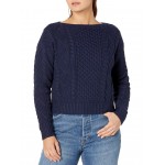 Petite Aran-Knit Cotton Boatneck Sweater French Navy
