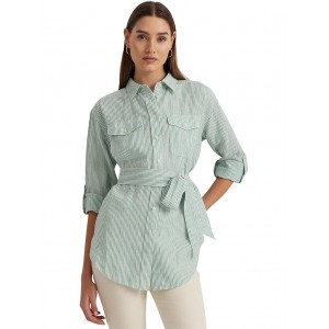 Relaxed Fit Striped Belted Linen Shirt Soft Laurel/White