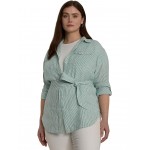 Plus-Size Relaxed Fit Striped Belted Linen Shirt Soft Laurel/White