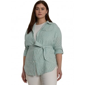 Plus-Size Relaxed Fit Striped Belted Linen Shirt Soft Laurel/White