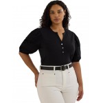 Plus-Size Lace-Trim Jersey Puff-Sleeve Henley Tee Black
