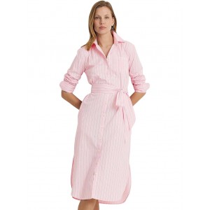 Striped Belted Broadcloth Shirtdress Pink/White Multi