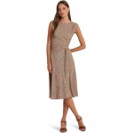 Paisley Belted Bubble Crepe Dress Tan/Cream/Pink