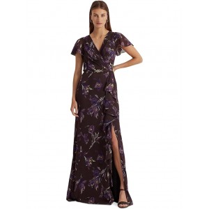 Floral Belted Georgette Flutter-Sleeve Gown Brown/Purple/Multi
