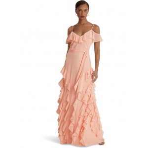Crinkle Georgette Off-the-Shoulder Gown Pale Pink