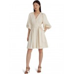 Belted Linen Bubble-Sleeve Dress Mascarpone Cream