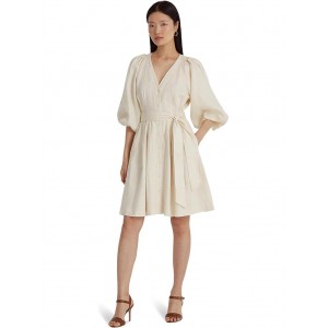 Belted Linen Bubble-Sleeve Dress Mascarpone Cream