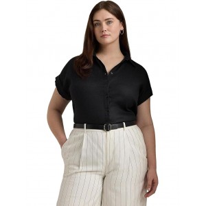 Plus-Size Linen Dolman-Sleeve Shirt Polo Black