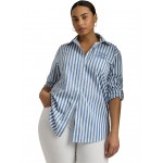 Plus-Size Oversize Striped Cotton Broadcloth Shirt Pale Azure/White