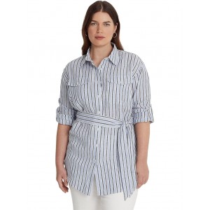 Plus Size Striped Belted Linen Shirt Blue/White Multi