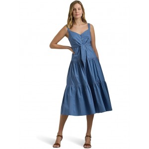 Cotton-Blend Tie-Front Tiered Dress Pale Azure