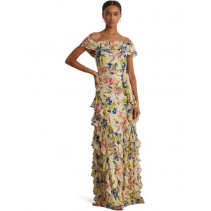 Floral Georgette Off-the-Shoulder Gown Cream/Blue Multi