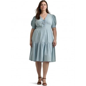 Plus-Size Chambray Puff-Sleeve Dress Medium Chambray Wash