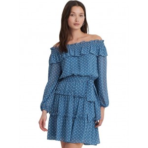 Print Georgette Off-the-Shoulder Dress Blue/Cream