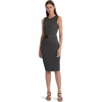 Faux-Leather-Trim Belted Jacquard Dress Modern Grey Heather