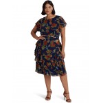 Plus Size Floral Ruffle-Trim Georgette Dress Blue Multi