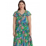 Plus Size Floral Crinkle Georgette Tiered Dress Green/Blue Multi
