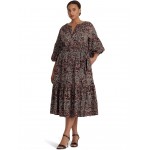 Plus Size Floral Belted Cotton Voile Tiered Dress Burgundy Multi