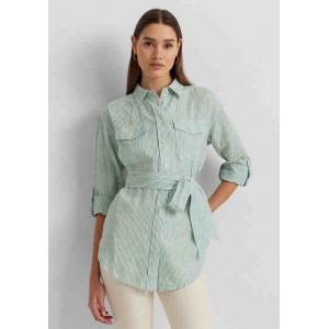 Womens Relaxed Fit Striped Belted Linen Shirt