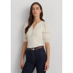 Womens Lace-Trim Jersey Puff-Sleeve Henley T-Shirt