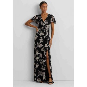 Womens Floral Belted Flutter-Sleeve Gown