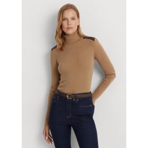 Faux Leather-Trim Ribbed Turtleneck