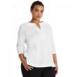 Womens Plus Size Split-Neck Three-Quarter Sleeve Cotton Tunic
