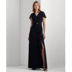 Womens Belted Flutter-Sleeve Gown