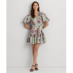 Womens Floral Cotton Voile Puff-Sleeve Dress