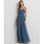 Womens Striped Floral Tulle Gown