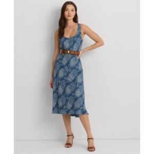 Womens Floral Belted Crepe Sleeveless Dress