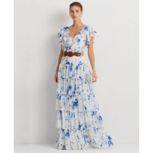 Womens Belted Tiered Floral Gown