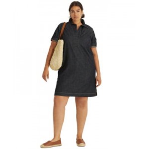 Womens Plus Size Short-Sleeve Denim Cotton Shift Dress