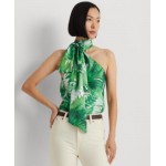 Womens Printed Charmeuse Tie-Neck Halter Blouse