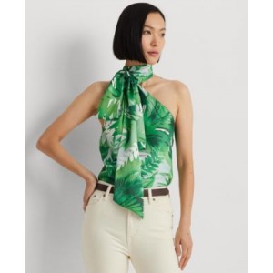 Womens Printed Charmeuse Tie-Neck Halter Blouse