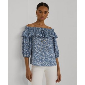 Womens Cotton Ruffled Off-The-Shoulder Blouse