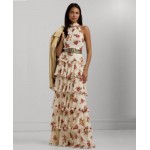 Womens Tiered Ruffled Floral Gown