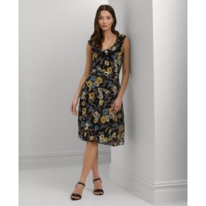 Womens Belted Floral A-Line Dress