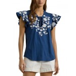 Floral Embroidered Jersey Tie Neck Top