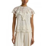 Ruffle Trim Embroidered Mesh Blouse
