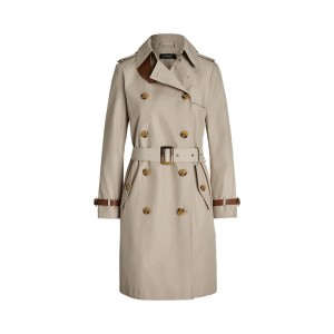 Faux-Leather-Trim Belted Trench Coat