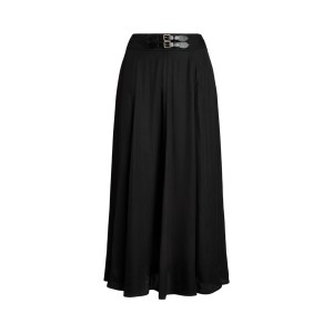 Buckle-Trim Twill Midi Skirt