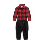 Baby Boys Double Faced Cotton Shirt and Stretch Jogger Cargo Pants Set