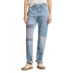 High Rise Patchwork Straight Jeans in Blue