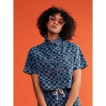 Blue Wave Club Printed Short Sleeve Crop Denim Shirt