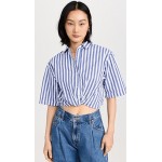 Puckered Stripe Short Sleeve Cropped Twist Shirt